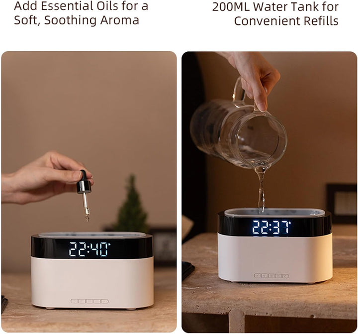 Flammen Aroma Diffuser mit Lichtwecker,Diffuser Ätherische Öle mit Fernbedienung,Wecker mit Licht,Lu