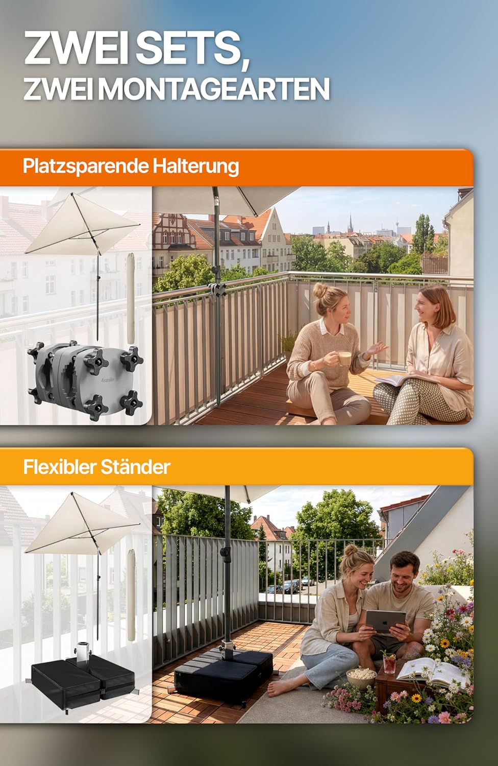 4smile SunnyShade Balkonschirm Rechteckig 210x140 cm, Sonnenschirm Balkon mit UV 50+, Sonnenschutz B