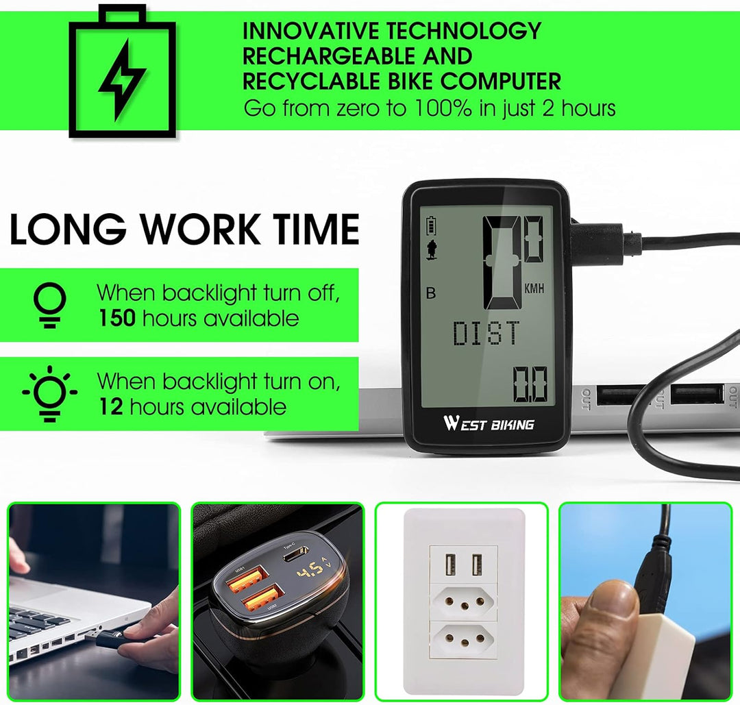 Fahrradcomputer USB Aufladbar, Fahrrad Kilometerzähler Tachometer Kabellos IPX7 Wasserdicht, Fahrrad