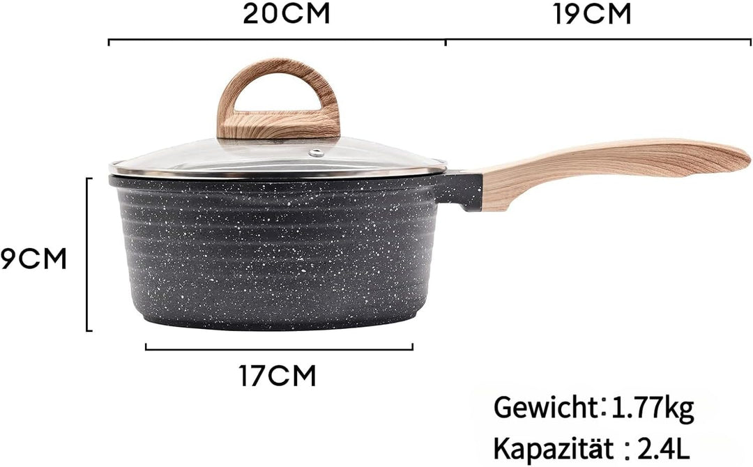 JEETEE Kasserolle 20 cm, 2.4L Stielkasserolle mit Deckel, klein Kasserolle Stieltopf, Milchpfanne Mi
