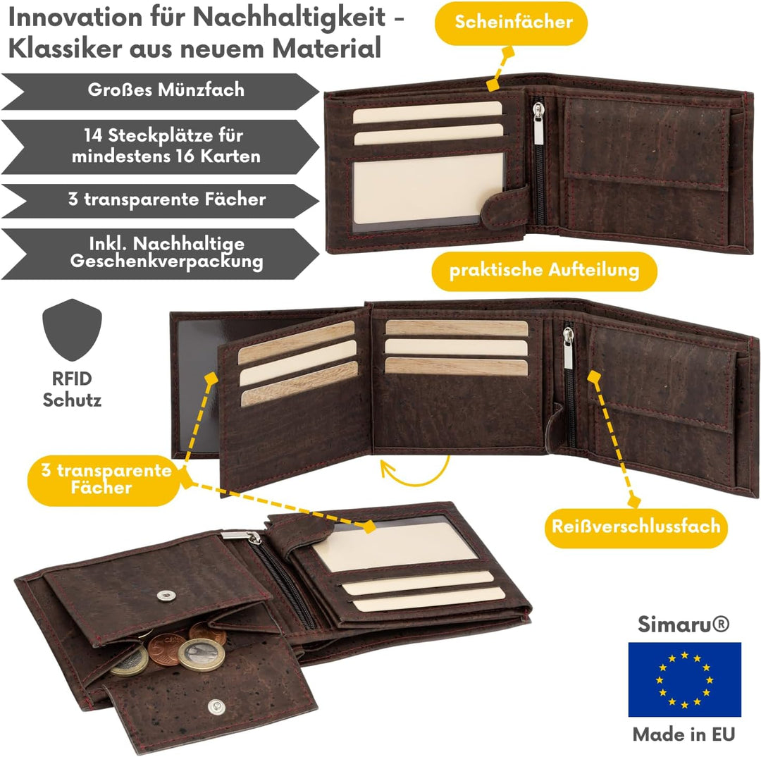 Simaru Kork Geldbörse mit RFID-Schutz, Unisex Geldbeutel für 11+Karten, Scheine & Münzen, Mini Walle