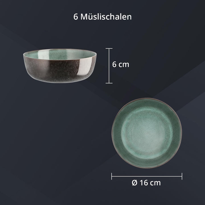 Peill+Putzler Germany 6er-Set Müslischalen in grün aus Steinzeug, Geschirr für 6 Personen, Schalen m