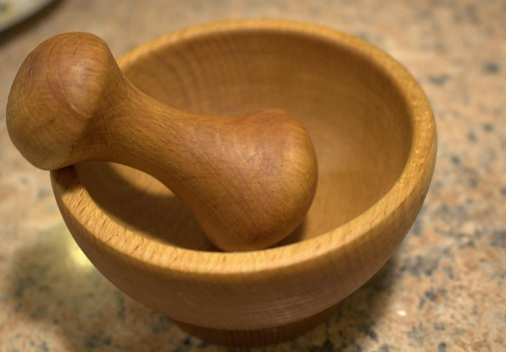 EFO Mörser mit Stössel Holz 10,5x5,5 cm | Holzmörser aus robustem Buchenholz im rustikalen Stil | Kü