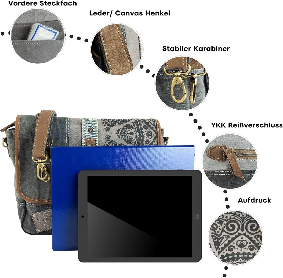 Sunsa Damen Umhängetasche/Messenger Tasche aus grauem Canvas. Grosse Crossbody Bag Geschenkideen für