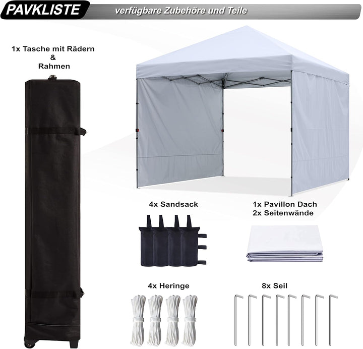 ABCCANOPY Faltpavillon UV50+ mit 2 Seitenwänden, Weiss 300 cm | 500D Polyester,wasserdicht, 4 Sandsä
