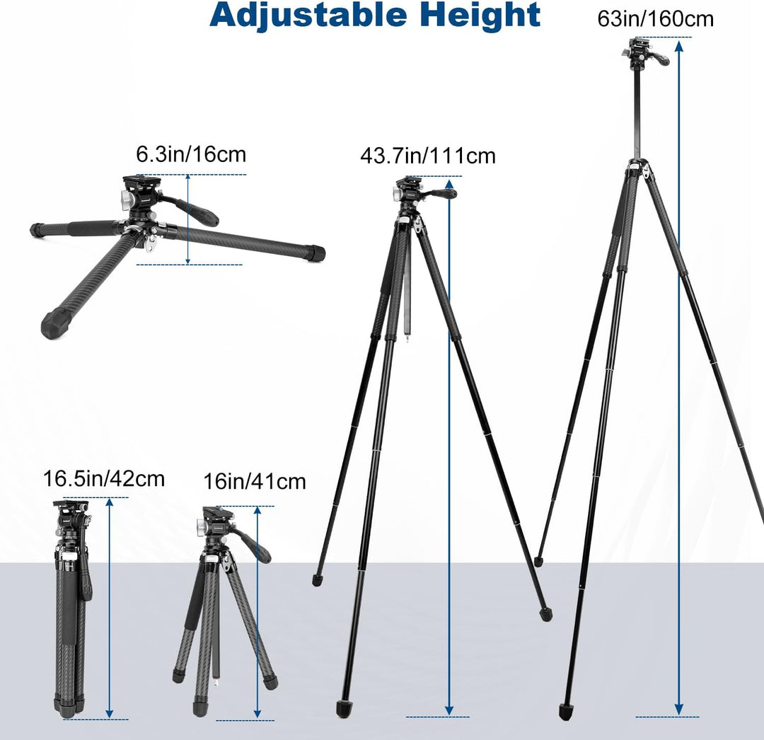 Koolehaoda Kamera Stativ Reisestativ 160 cm Carbon Stativ mit 360° Panorama Fluidkopf & Kurze Mittel