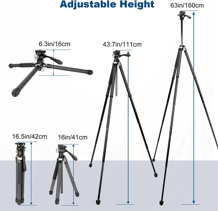 Koolehaoda Kamera Stativ Reisestativ 160 cm Carbon Stativ mit 360° Panorama Fluidkopf & Kurze Mittel
