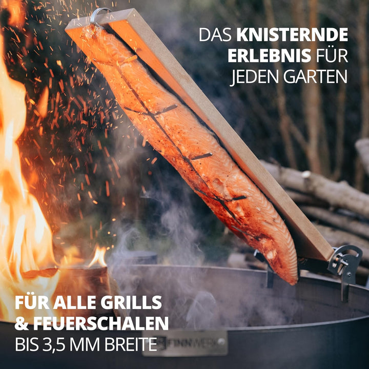 FINNWERK Flammlachsbrett Geschenkset - Lachsbretter mit Halterung aus Edelstahl und praktischem Wink