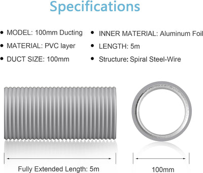 Hon&Guan ø100mm 5m langer Abluftschlauch, PVC Alurohr Flex-Schlauch Abluftrohr mit 2 Schlauchschelle