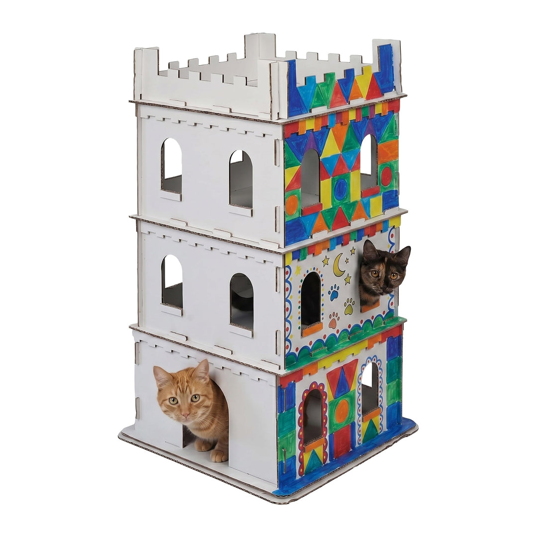Relaxdays Katzenburg, 3 Etagen, Katzenschloss, Papphaus zum Bemalen, Stecksystem, HBT: 107,5x62x62 c