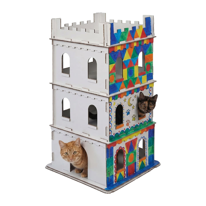 Relaxdays Katzenburg, 3 Etagen, Katzenschloss, Papphaus zum Bemalen, Stecksystem, HBT: 107,5x62x62 c