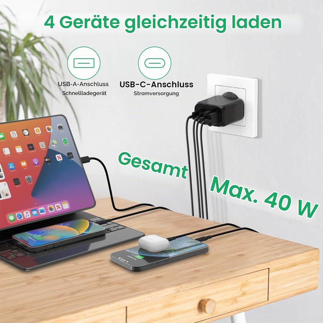 40W USB C Ladegerät, Gcstnn Schnellladegerät 2-Pack 4 Port PD3.0 QC3.0 USB C Ladestecker für iPhone