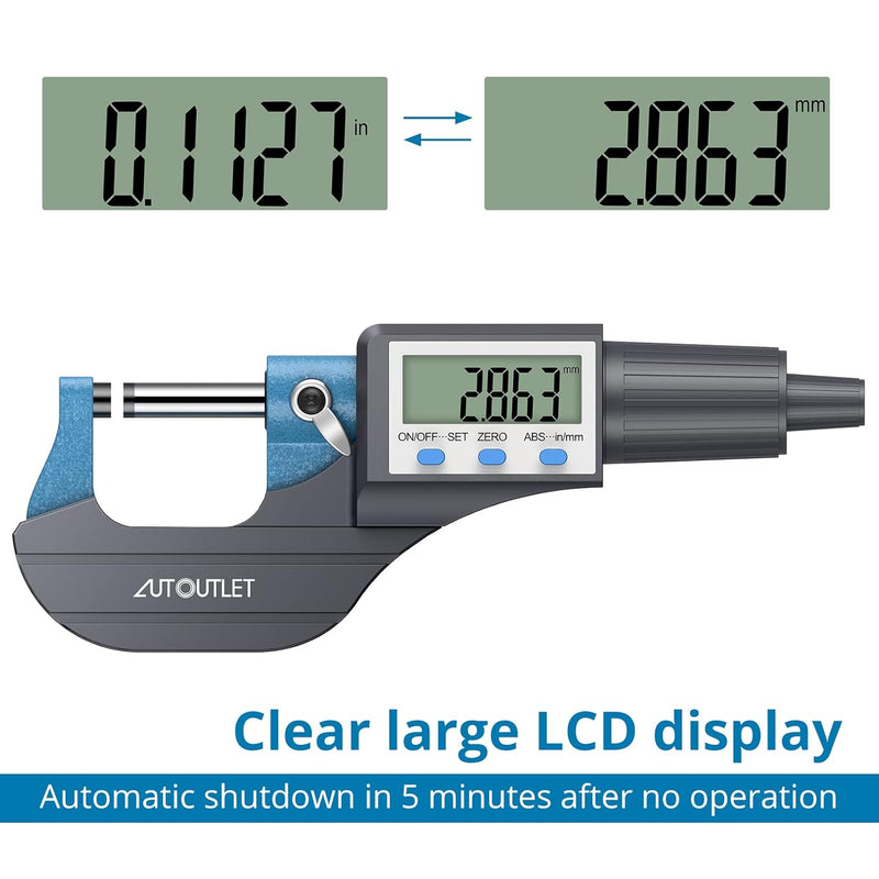 AUTOUTLET Micrometer Digitale Bügelmessschraube 0-25mm/ 0.001mm, Hohe Präzision LCD Digitale Mikrome