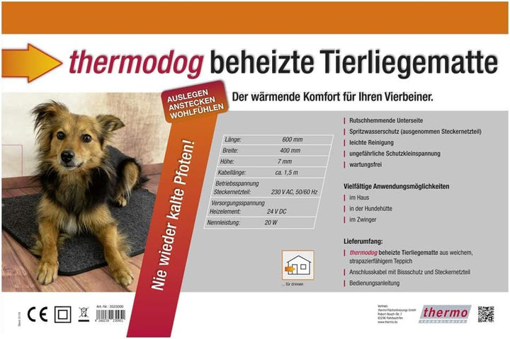 thermo Flächenheizungs GmbH thermodog Liegematte, Wollvlies, 400x600mm, 24V / 20W, abnehmb. Steckern
