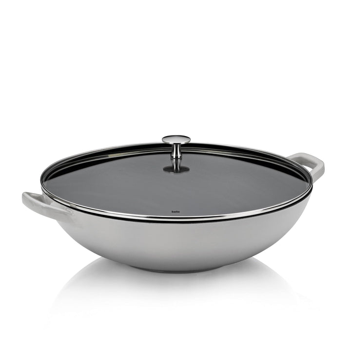 Kela Wok Calido, Ø 36 cm, 4 L, Gusseisen, hellgrau, Allherdboden, rau emailliert, Glasdeckel mit Ede