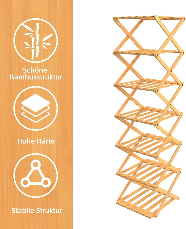 homewell Schuhregal aus Bambus mit 7 Ebenen, vertikales Schuhablage, Faltbares Montagefreies, Schuhr
