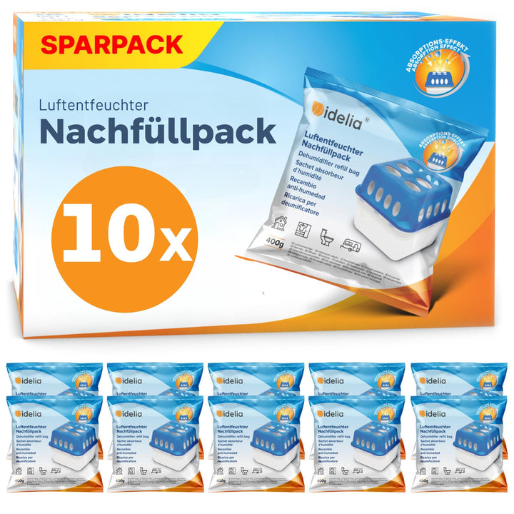 Idelia® 8x Luftentfeuchter Granulat 400g (Sparvorteils 8er Set Luftentfeuchter Nachfüllpack's) I Ent
