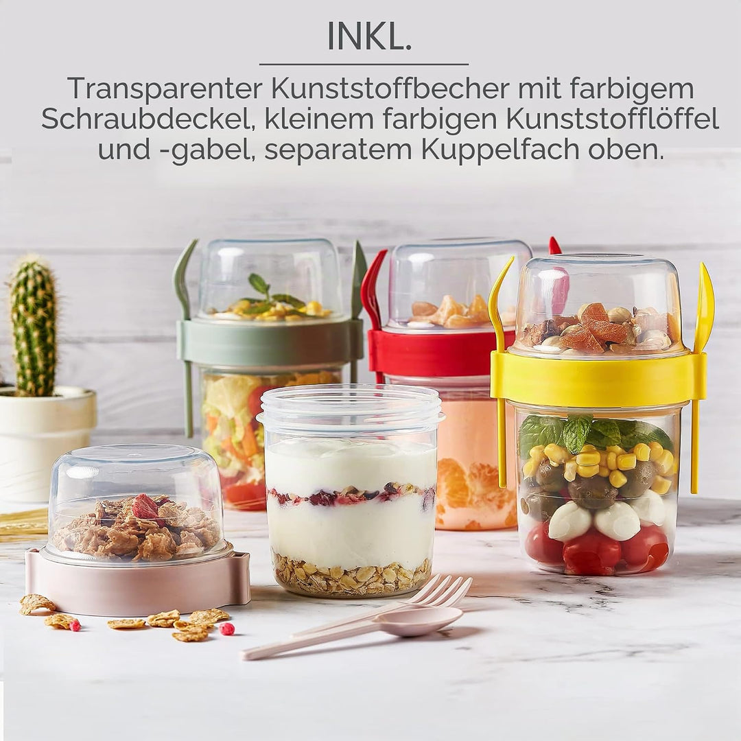 CRYSTALIA Müslibecher to Go mit Löffel & Gabel Set 4, 100 % BPA-FREI Joghurt Becher to Go mit Deckel