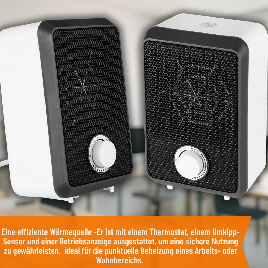 NEO TOOLS Tisch-Heizlüfter, 600W - Kompakter Mini-Heizlüfter mit Thermostat & Kippschutz, ideal für