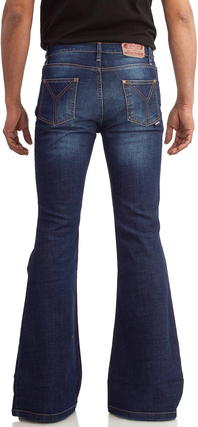Comycom 70er Herren Blue Jeans dunkelblau Used - Jeans-Schlaghose für Männer, dunkle Vintage Bootcut