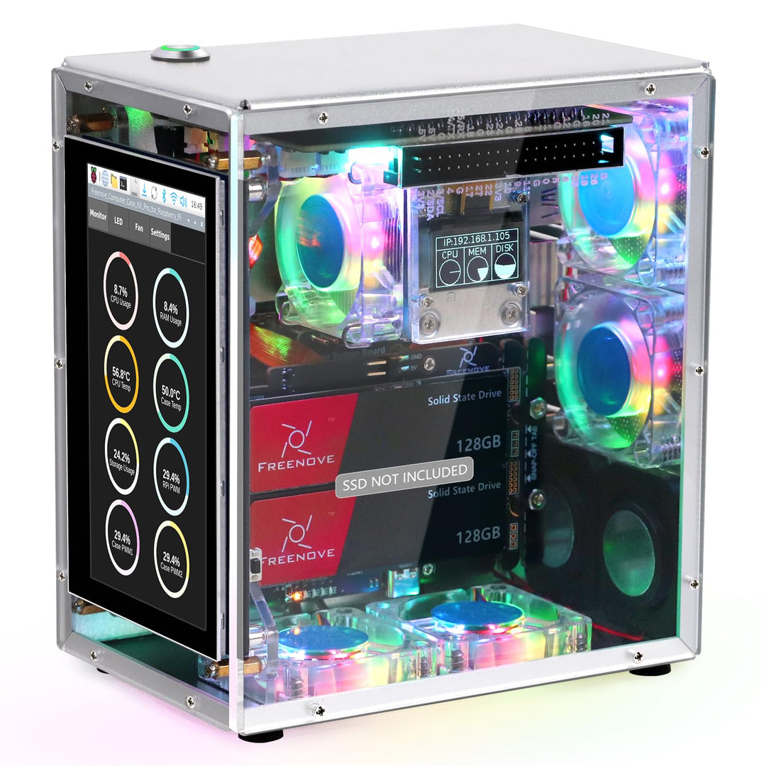 FREENOVE Raspberry Pi 5 NAS Case Kit, Quad M.2 NVMe SSD Slots, 5 PWM ARGB Fans Light Sync, CPU Tower