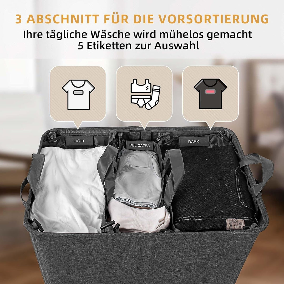 Wäschekorb Mit Deckel, 160L Extra Grosse Wäschekorb 3 Fächer Schmutzige Kleidung Hampers Für Wäsche