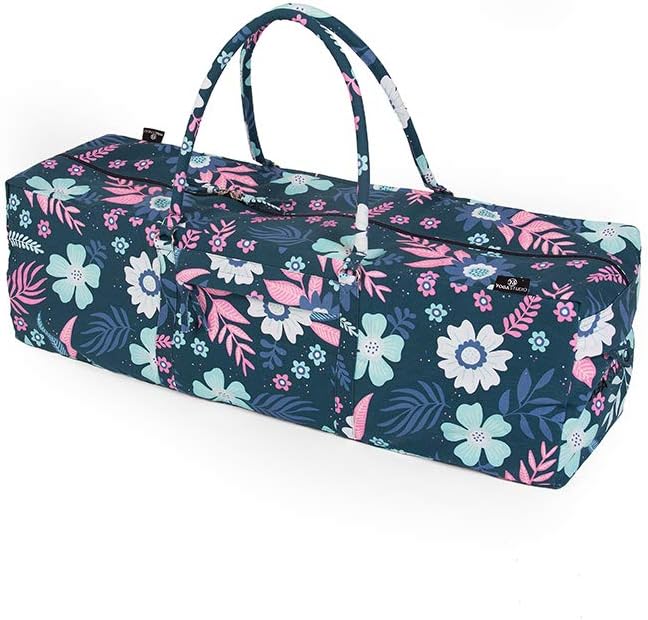 Yoga Studio Designte Yoga-Tasche – Blaue Blumen, 71 cm x 23 cm x 18 cm, bestickte Lotus-Baumwoll-Yog