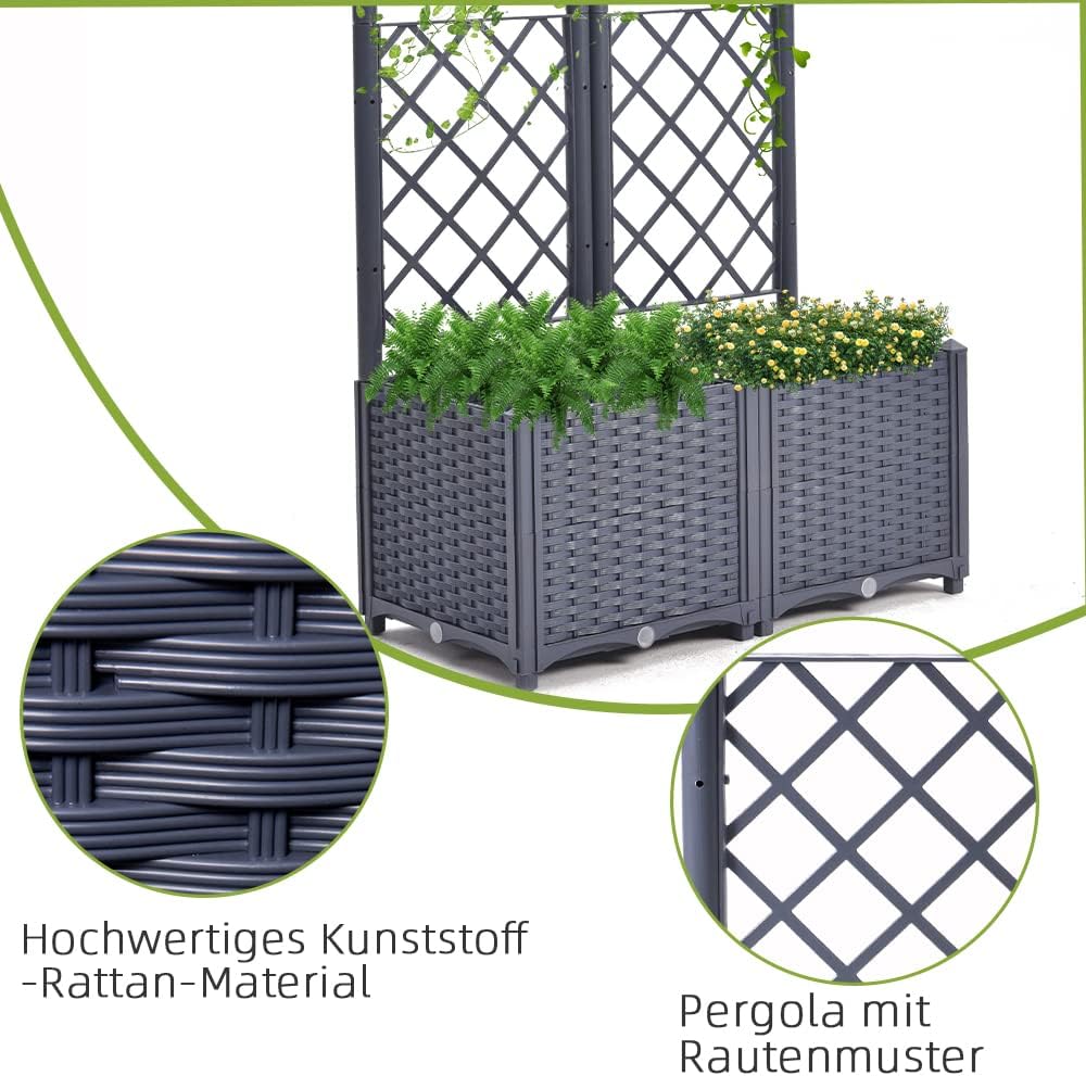 Mingone Pflanzgefäss mit Rankgitter Hochbeet Blumenkasten mit 2 Pflanzgefäss Wasserspeicher Balkonka