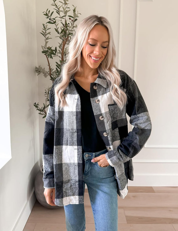 Zeagoo Damen Flanellhemd Karierte Hemdbluse Langarm Knopfleiste Flanell Bluse mit Tasche Lässige Kar
