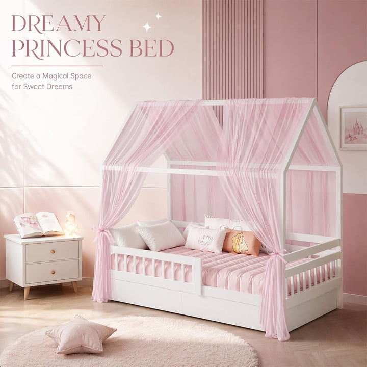 2 Stück Hausbett Himmel Set, Musselin Betthimmel für Kinderbett, weicher &amp; atmungsaktiver Baldachin