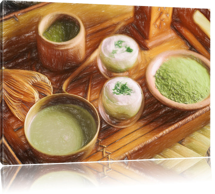 Pixxprint schön dekorierter Matcha Tee als Leinwandbild/Grösse: 100x70 / Wandbild/Kunstdruck/fertig