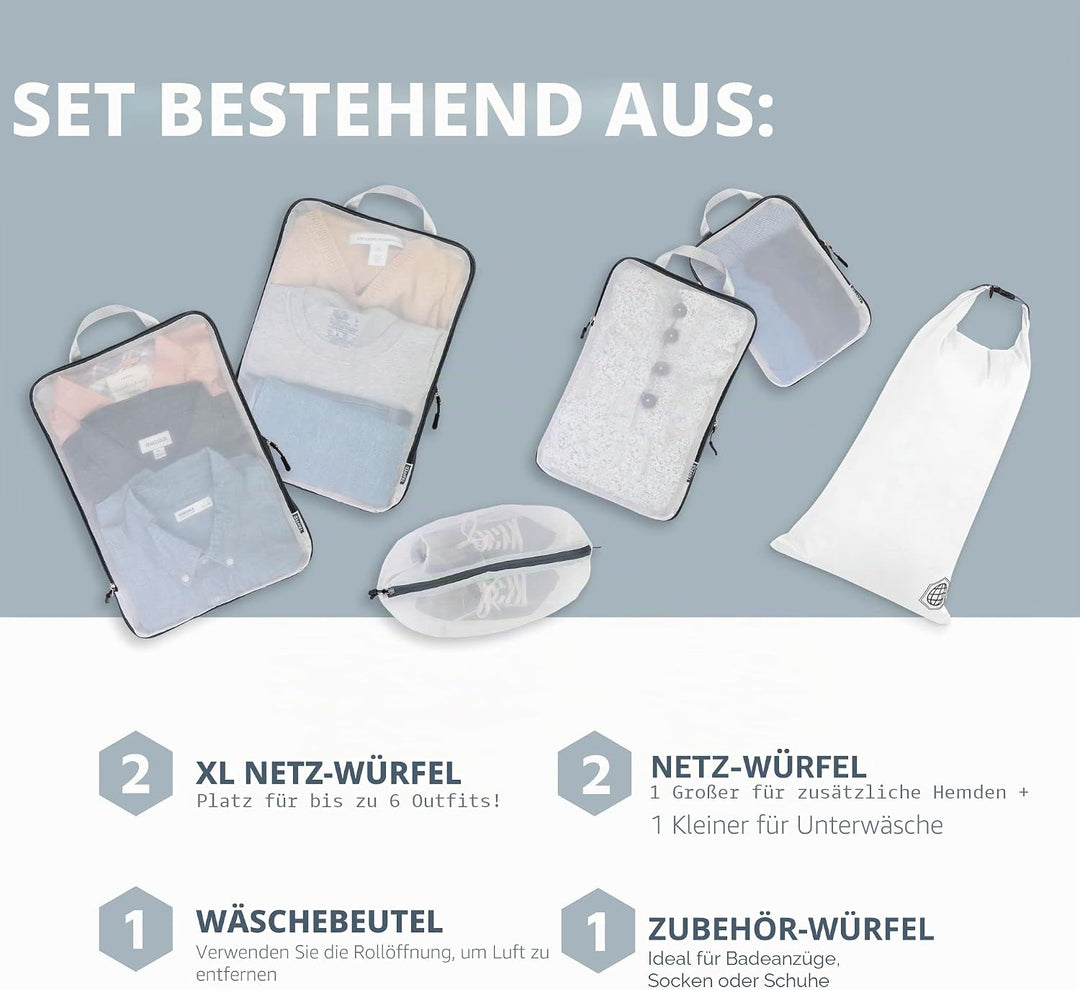 Grosses Packwürfel-Set mit durchsichtigem Netz, Kompressions-Verpackungswürfel, Reise-Organizer (wei