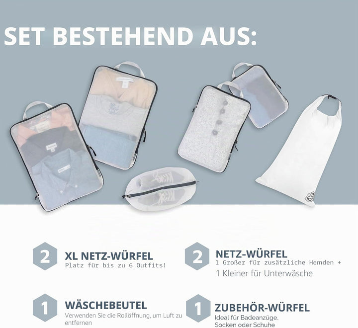 Grosses Packwürfel-Set mit durchsichtigem Netz, Kompressions-Verpackungswürfel, Reise-Organizer (wei