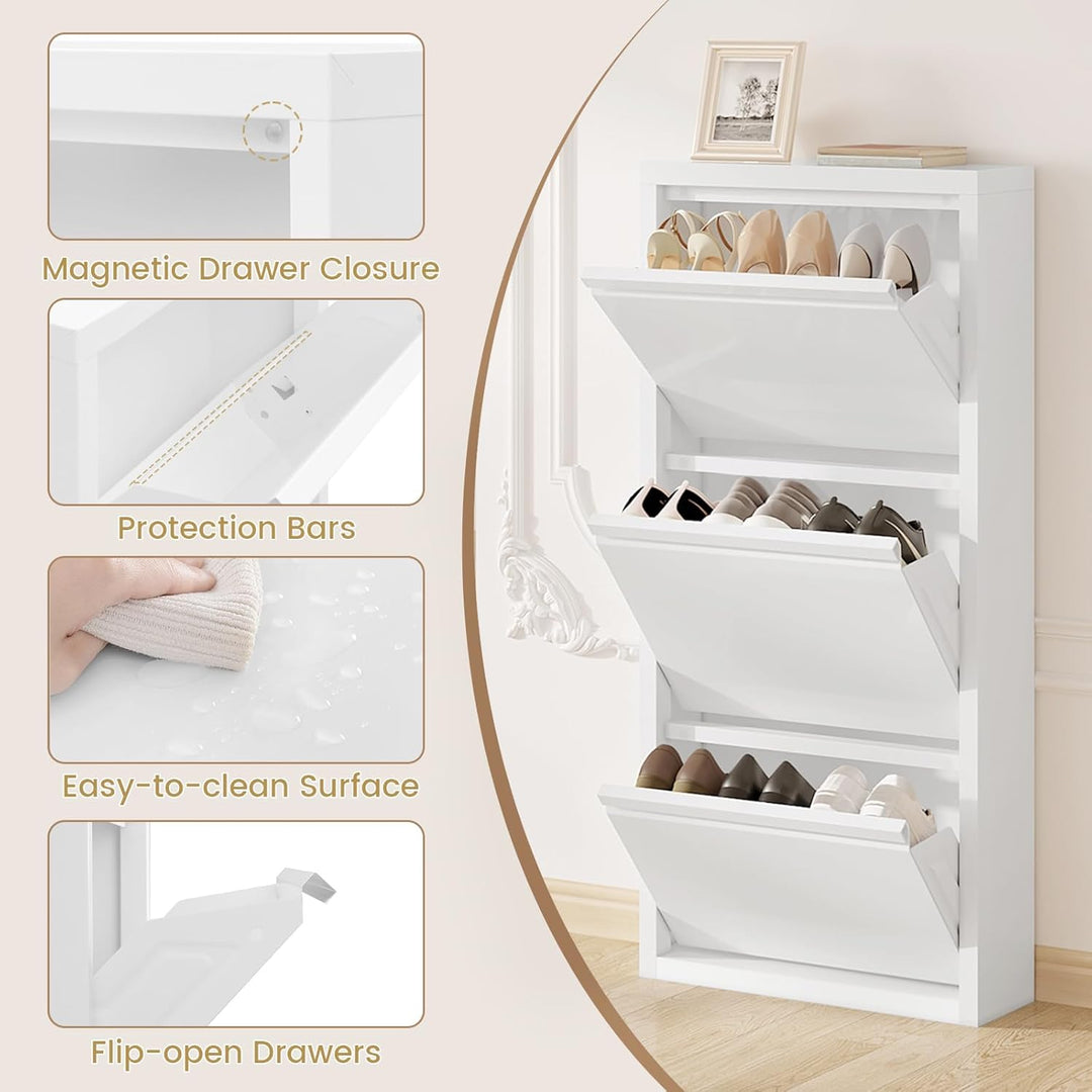 WOLTU Schuhschrank mit 3 Klappen, Schuhregal geschlossen, Schuhkommode schmal, aus Metall, für Flur