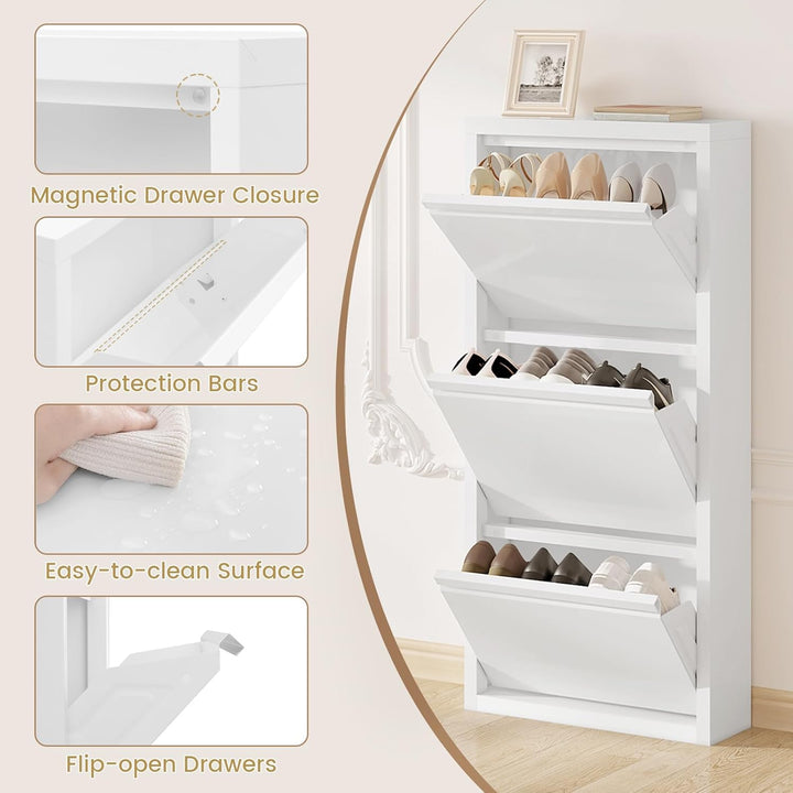 WOLTU Schuhschrank mit 3 Klappen, Schuhregal geschlossen, Schuhkommode schmal, aus Metall, für Flur