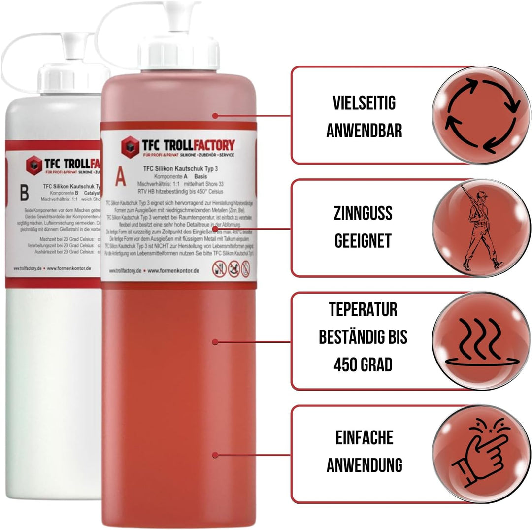 TFC Silikon Kautschuk Typ 3 I Dubliersilikon mittelhart I Zinnguss Bleiguss, hitzebeständig I 1 kg (