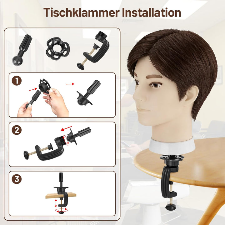 TwoWin 33 cm (13 Zoll) Frisierkopf Echthaar, Mann Friseurkopf Übungskopf 100% echthaar, Trainingskop