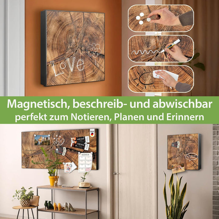 banjado® Grosser Schlüsselkasten Glas/Schlüsselbox 30cm x 30cm mit 50 Haken - Motiv Jahresringe/Schl
