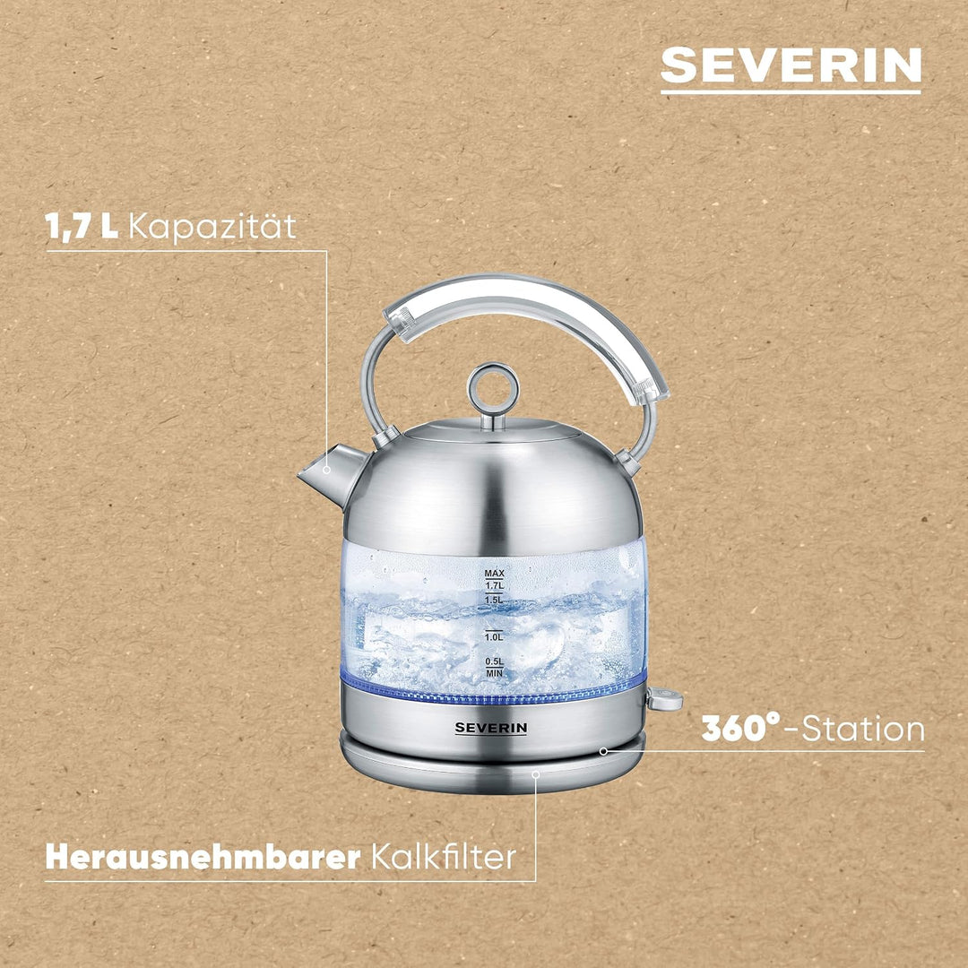 SEVERIN Retro Glas Wasserkocher, leistungsstarker und kompakter Wasserkocher im hochwertigen Retro D