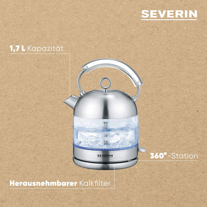 SEVERIN Retro Glas Wasserkocher, leistungsstarker und kompakter Wasserkocher im hochwertigen Retro D