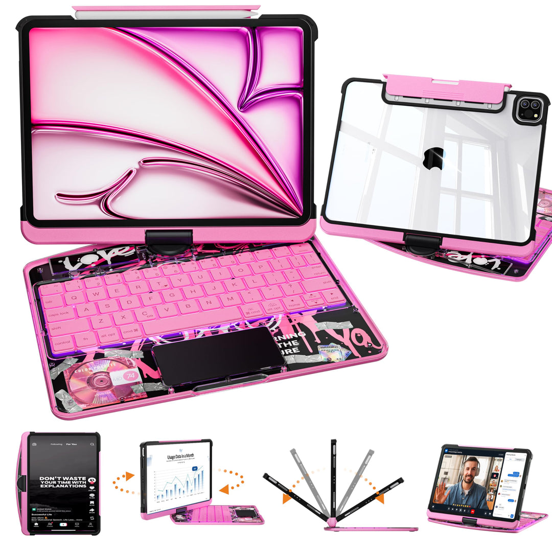 Uminy Klare Tastaturhülle für iPad 10,2 Zoll mit 360° Drehung, Rosa | 7-farbige Hintergrundbeleuchtu