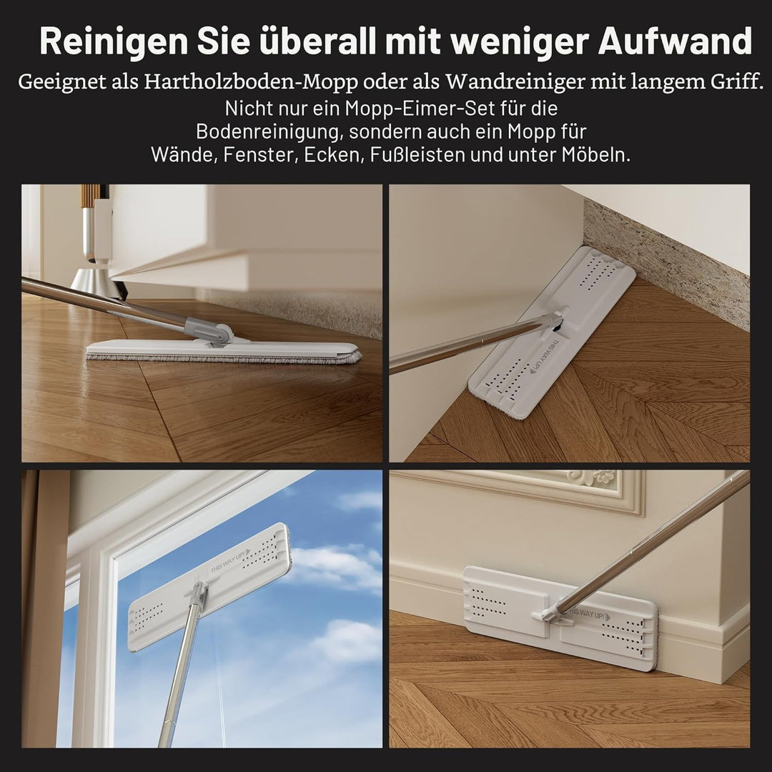JOYMOOP Wischmopp und Eimer mit Auswringer-Set für Zuhause, weisses, flaches Quetsch-Mopp-Eimer-Set