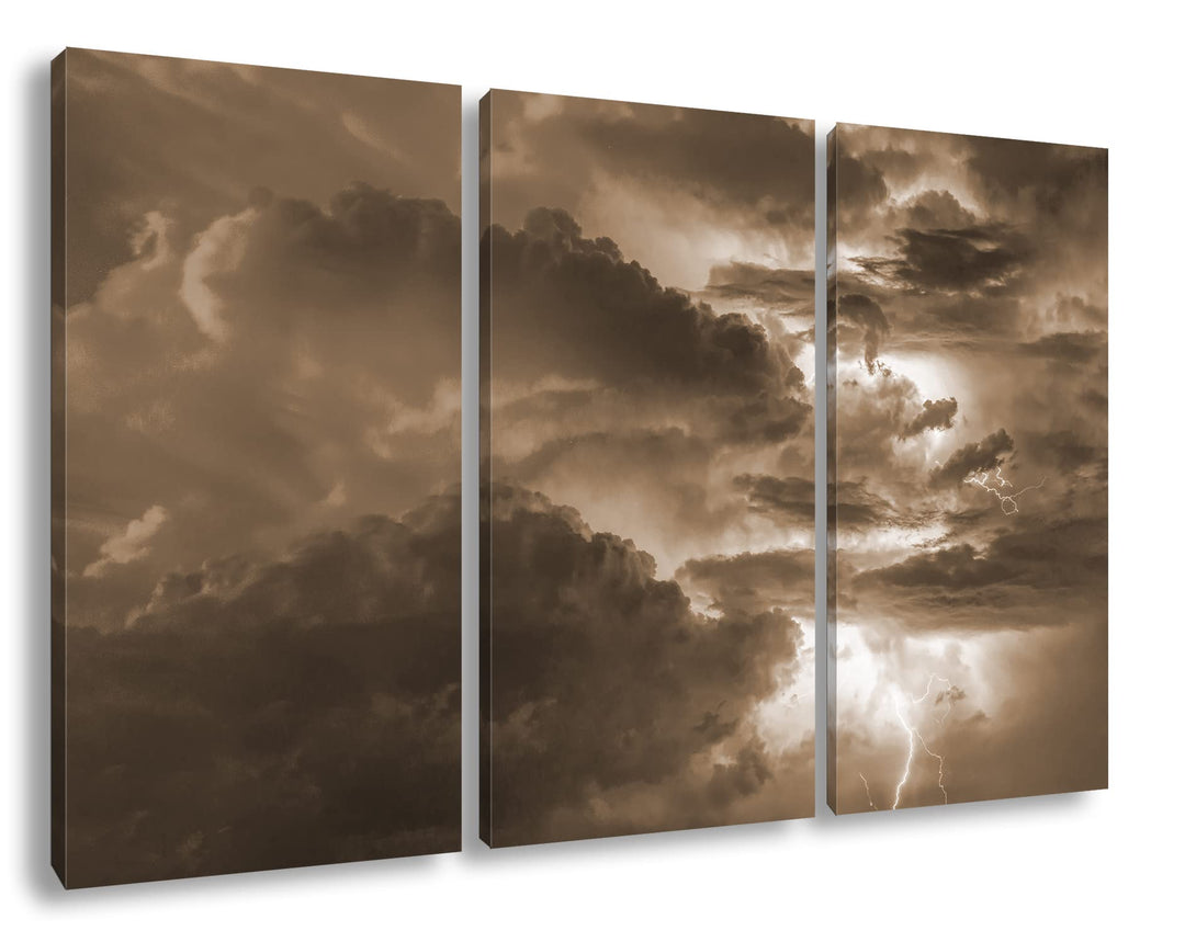 deyoli gewaltiges Gewitter Format: 3Teilig Effekt: Sepia als Leinwandbild, Motiv fertig gerahmt auf