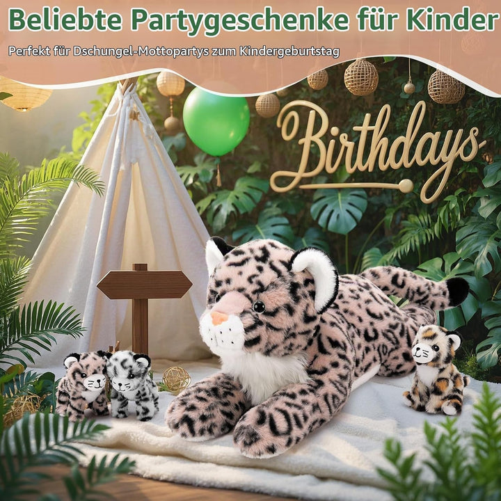 MorisMos 45cm riesen Leopardo Kuscheltier XXL mit 3 Baby im Bauch, gross liegend Plüsch Leopard XXL,