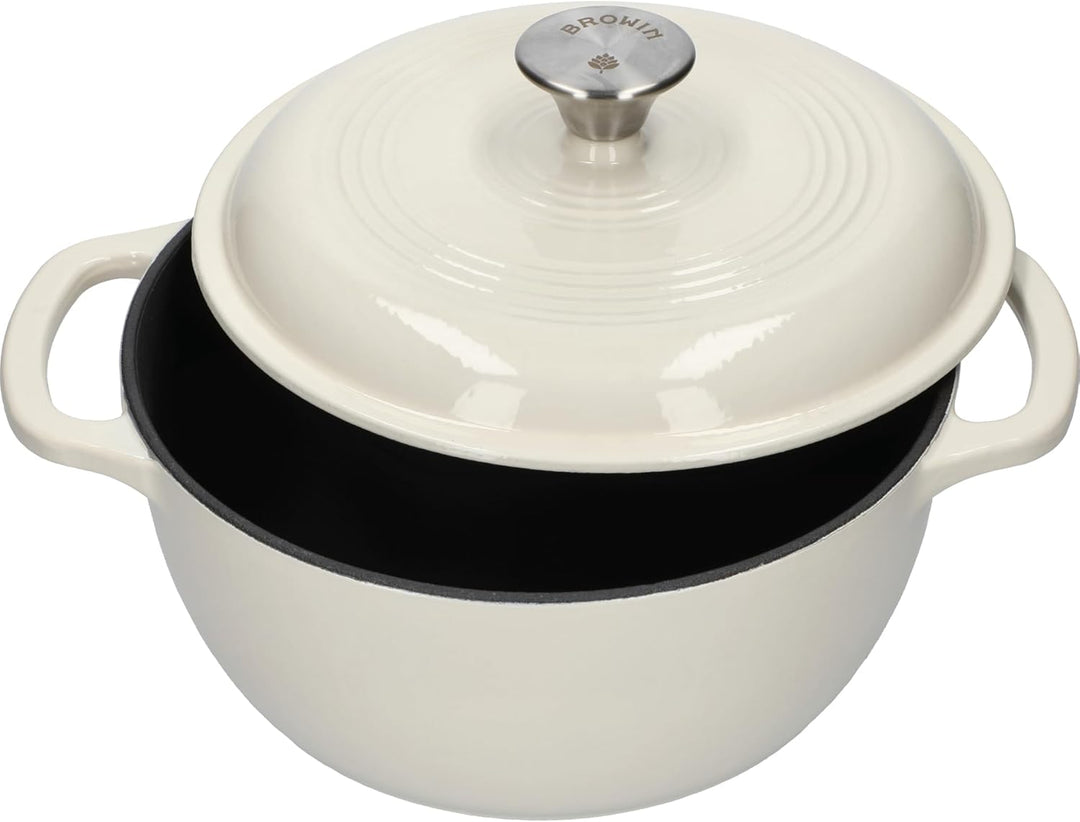 BROWIN® Gusseiserner Emaille-Kochtopf 330540 | 31 x 24 x 12 cm | Ecru, 4L | Emaille Bräter mit Decke