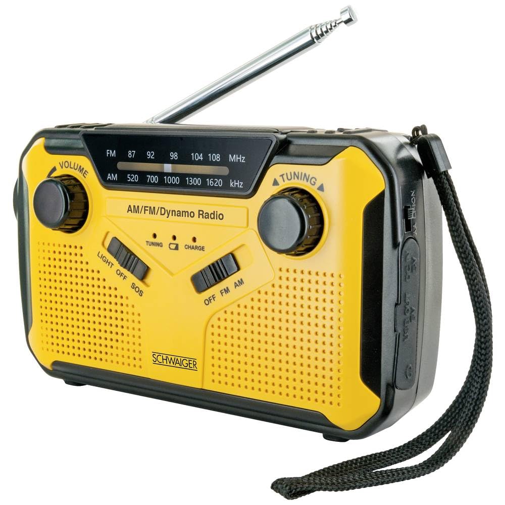 Schwaiger Outdoorradio UKW, AM, FM Handkurbel, Solarpanel, spritzwassergeschützt, stossfest, Taschen
