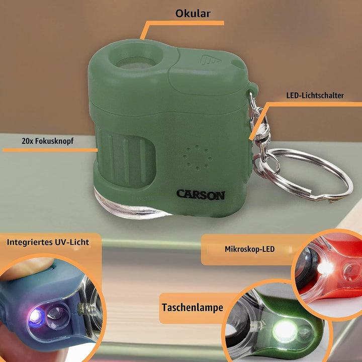 Carson MicroMini 20x LED Taschenmikroskop mit UV-Licht und Taschenlampenfunktion, Safari Green (MM-2