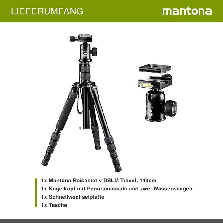 Mantona DSLM Reisestativ Travel - 350 x 90 x 90 mm/max. Traglast ca. 5 kg - mit Kugelkopf, Panoramas