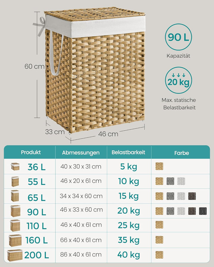 SONGMICS Wäschekorb 90 Liter, handgeflochten, Wäschesammler aus synthetischem Rattan, mit Deckel und