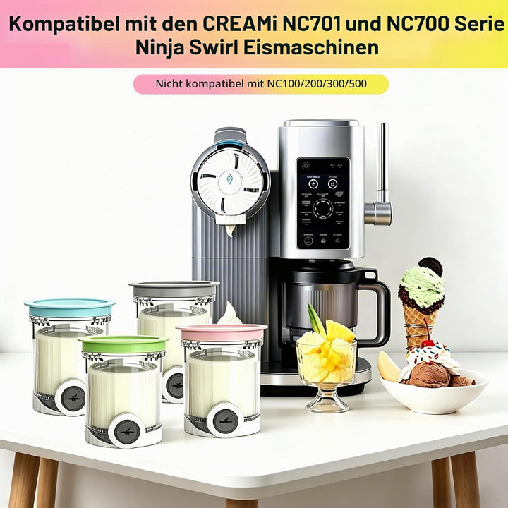 4 Stück Behälter Kompatibel mit Ninja Swirl Creami NC700 NC701EU Serie, 480ML Eiscreme Behälte mit D